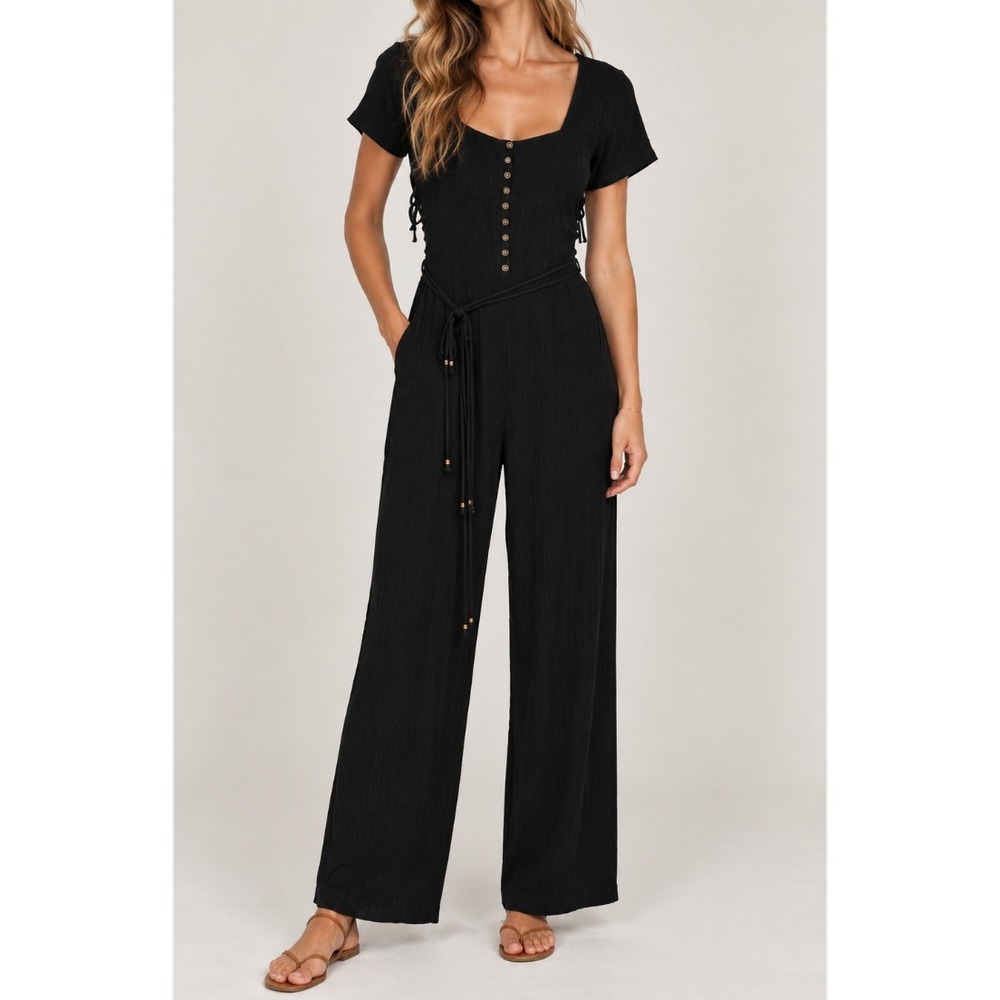Maeve Anthropologie Black Lace Up Side Wide Leg Jumpsuit OB896420 Womens 4